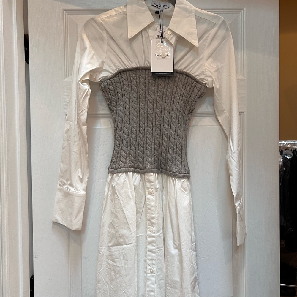 En Saison White and Gray Long Sleeve Dress